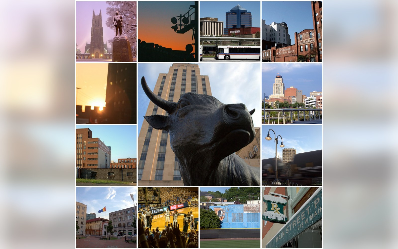 Collage of city scenes including a chapel, skyline, bull statue, arena crowd and storefronts